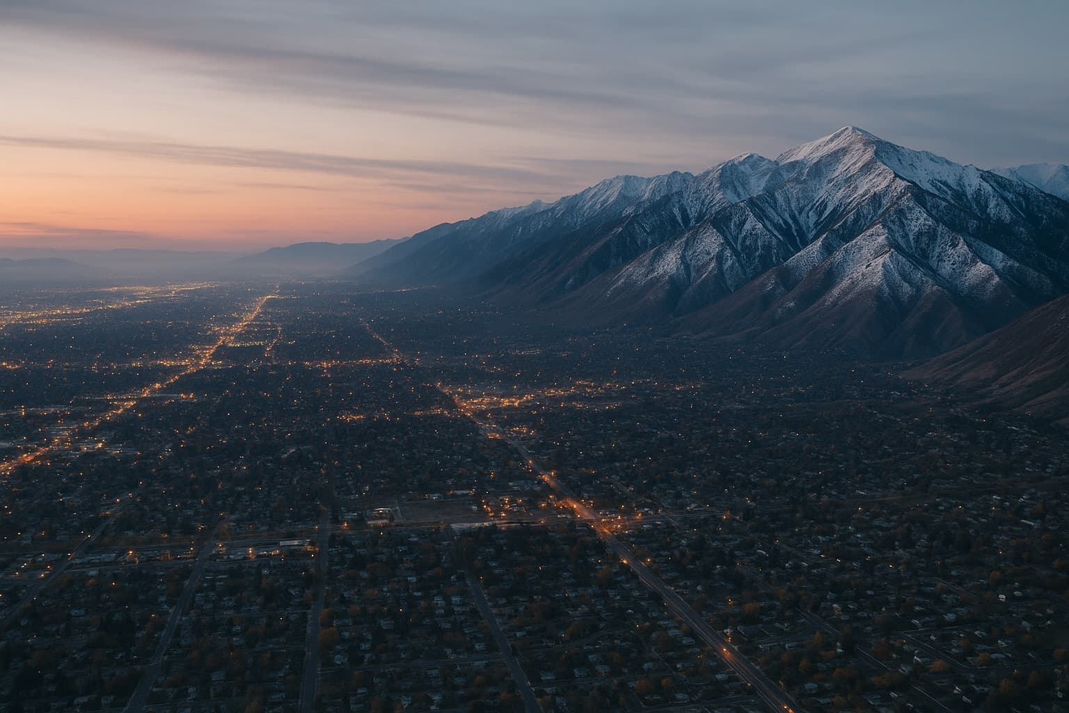 Aerial view of the Salt Lake Valley and Wasatch Range at dusk